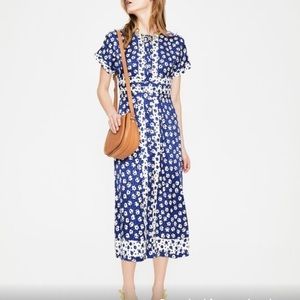 BODEN Esmerelda Double Dot Silky Midi Dress Blue White Sz 2